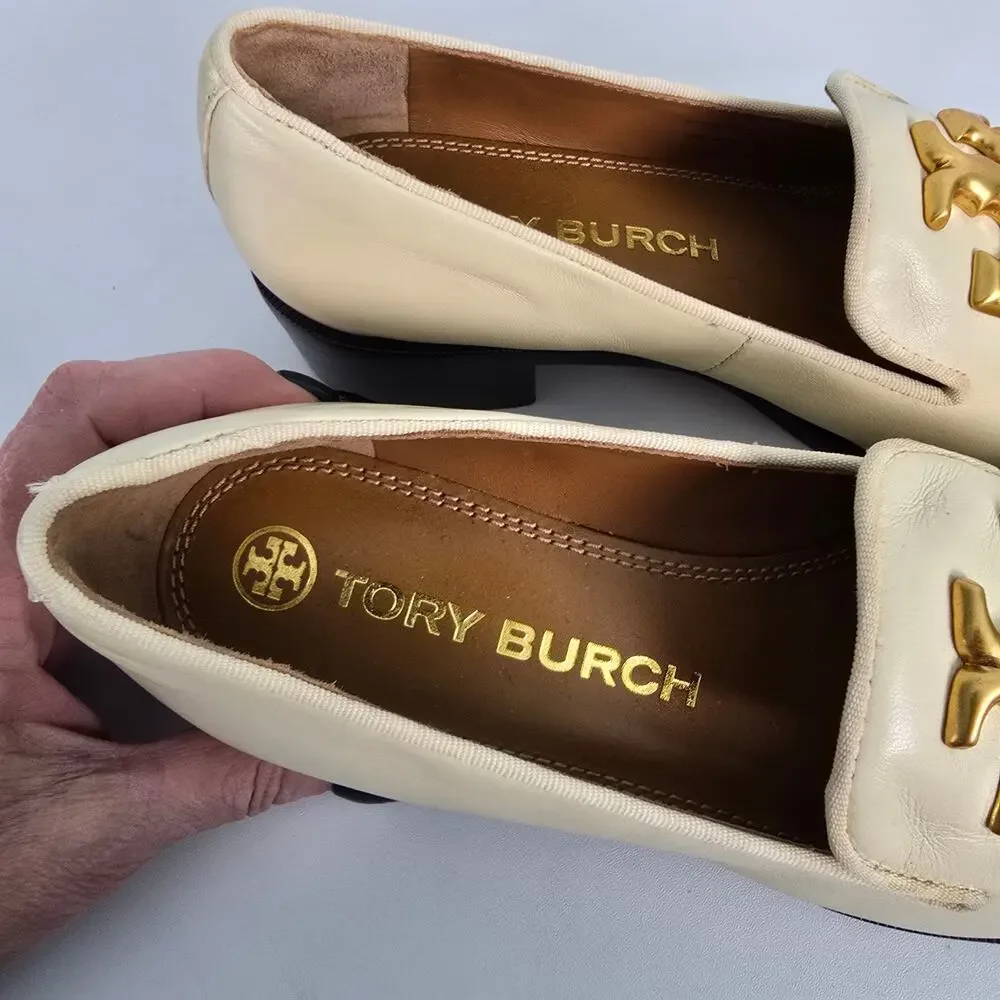 Tory Burch Eleanor Heeled Loafers Cream Leather Brass Logo Size 7M